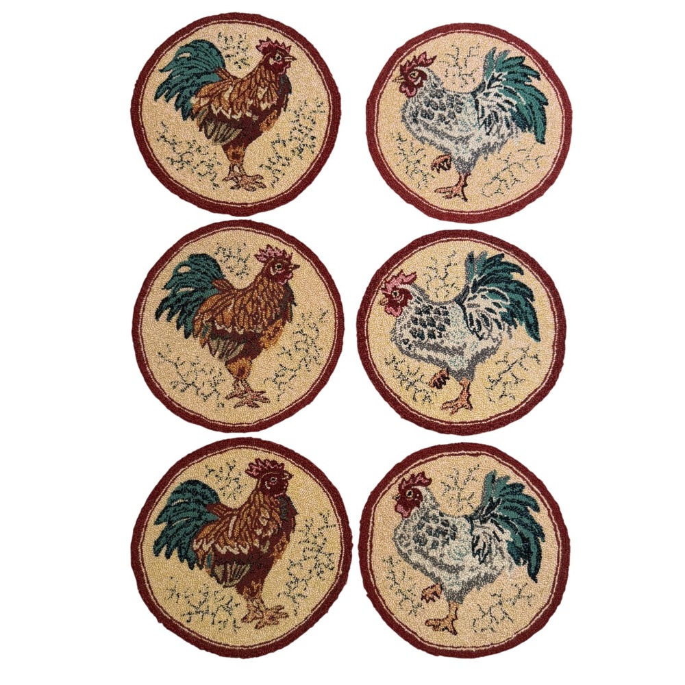 Vintage Set of 6 Rooster Chicken Hooked Wool Chair Pads 15" Red Farmhouse Decor
